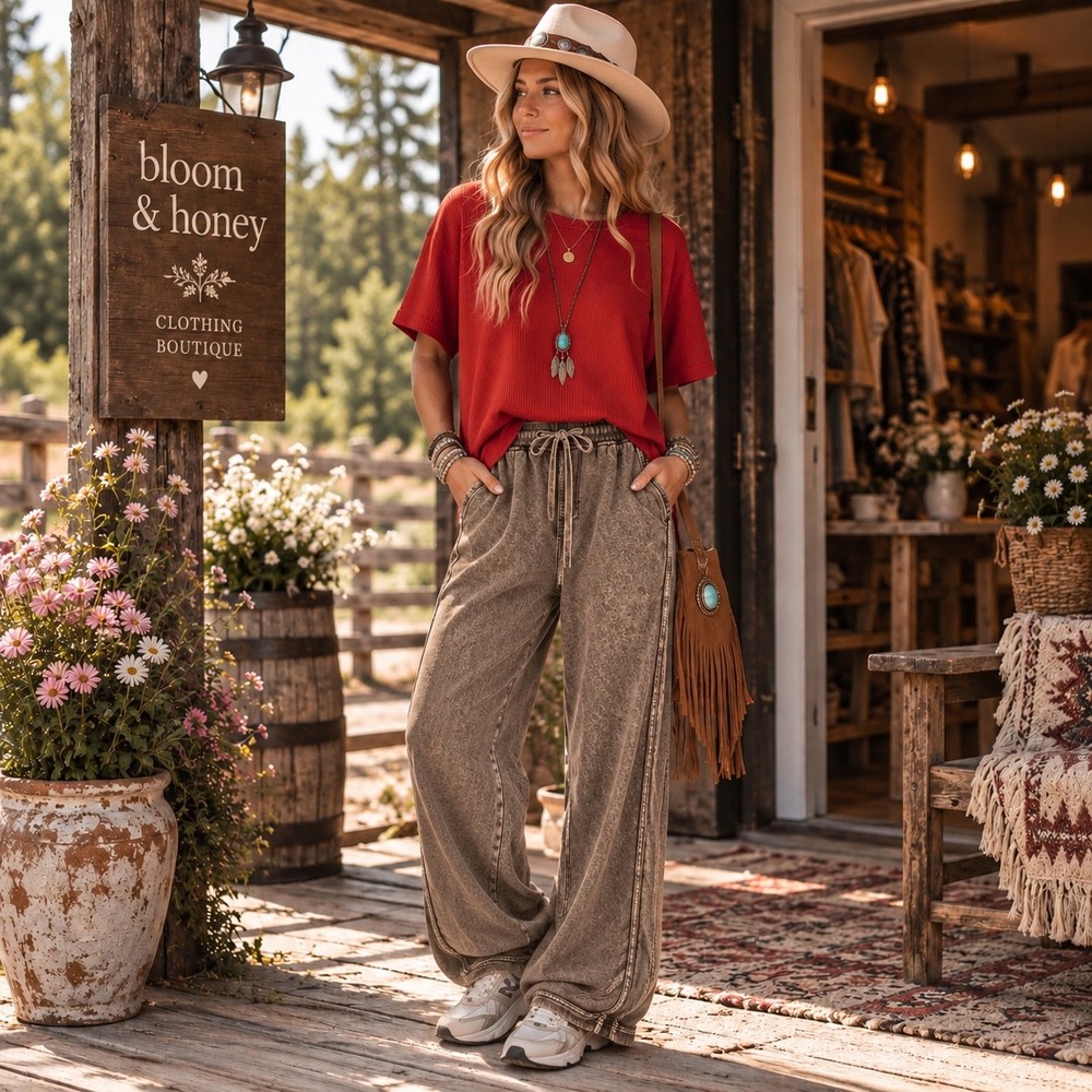 245.New Easel Mocha Gray Washed Wide Leg Pants Cotton French Terry Lounge Jogger